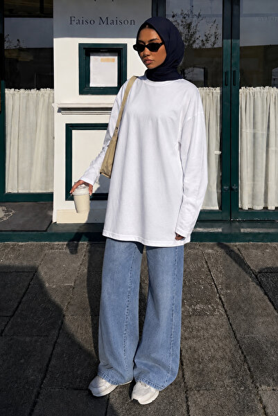 REYS Kadın Beyaz Oversize Pamuklu Tunik Uzun Kollu Rahat Kesim Basic Tişört