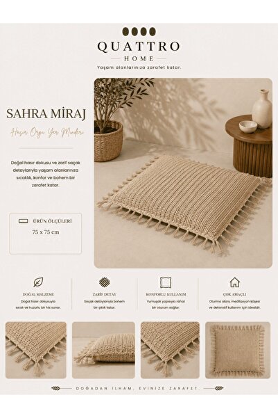 QUATTRO HOME SAHRA MIRAJ Hasır Örgü Yer Minderi İç Dolgusuz Dekoratif Bohem M...