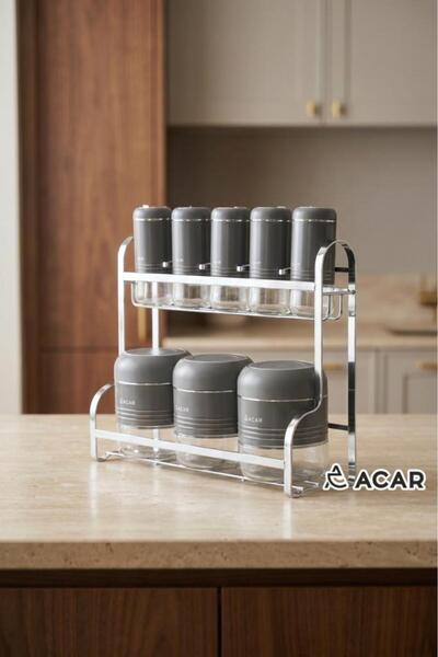 ACAR JADE GRİ GÜMÜŞ 8 PARÇA STANDLI CAM BAHARAT SETİ