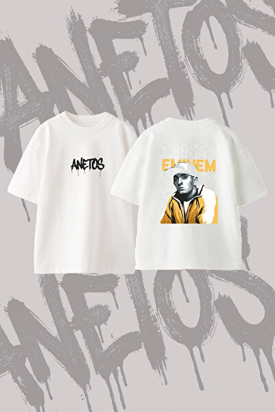 Anetos Eminem_16 Μπλουζάκι με στάμπα σε σχέδιο Oversize με λαιμόκοψη Crew, Λευκό