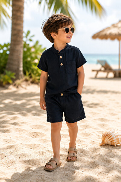 mini kanka Boy's 2-5 Years Old Summer Suit with Stand Collar Shirt and Shorts...