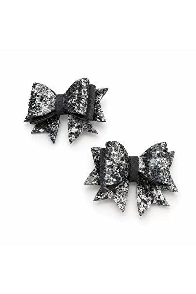 TIGEA Accessories Handmade Shiny Faux Leather Glitter Buckle Set of 2 Bows Gray