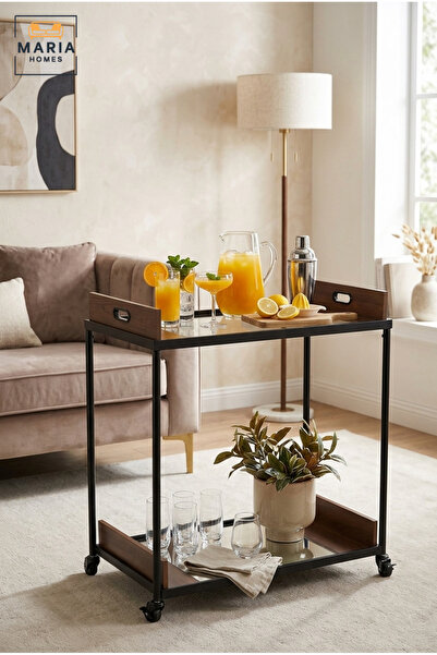 MARIA HOMES Modern 2-Tier Serving Trolley Cart with Glass Shelves, Metal Fram...
