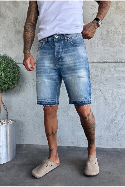 MADZEYMODA Men's Ripped Detailed Blue Washed Denim Jean Shorts Ke-1220