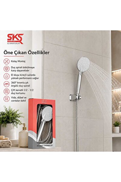 Sks Senka 360° Kromlu Duş Seti – Çift Kenetli Hortum, El Duşu ve Montaj Aparatlı