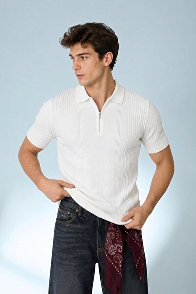 Maccali Men's Zippered Casual Polo Collar Knitwear White T-Shirt