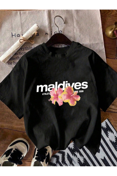 Oceanwear Maldives Printed Short Sleeve Plain Women's Black Tshirt