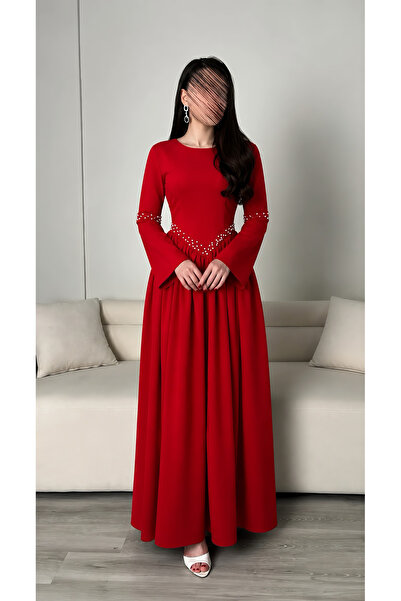 Bamah Red Evening Gown with Luxurious Pearl Touches and Wide Sleeves.