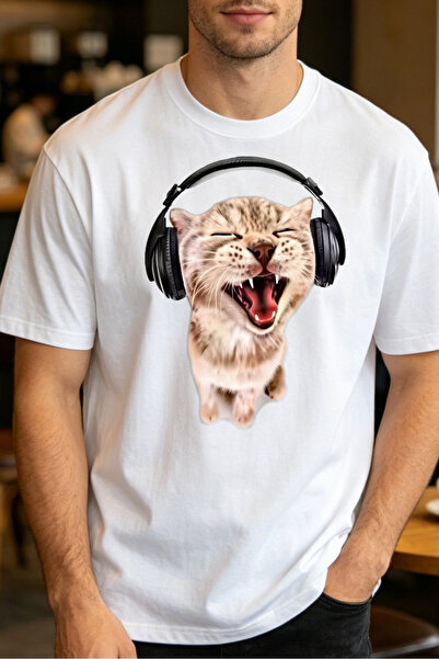 Fleck Casual Style T Shirts For Men Cat With Headphones And Open Mouth Mens P...