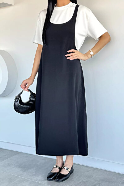 Aryena White and Black Women's T-Shirt Combination Gilet Dress