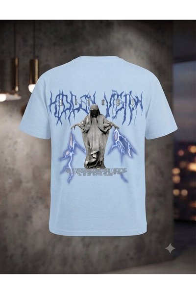 KOZİA OUTDOORS Men's Ritual Blue Lightning Printed Crew Neck Oversize T-Shirt