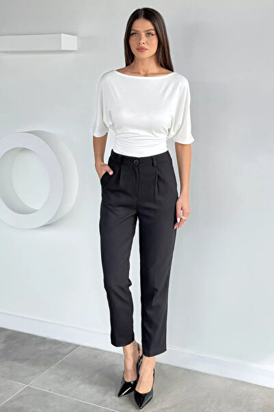Aryena Black Women's Elastic Waist Fabric Trousers