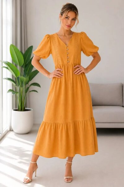 Park Karon Women's V-Neck Buttoned Linen-Look Guipure Detail Skirt with Floun...