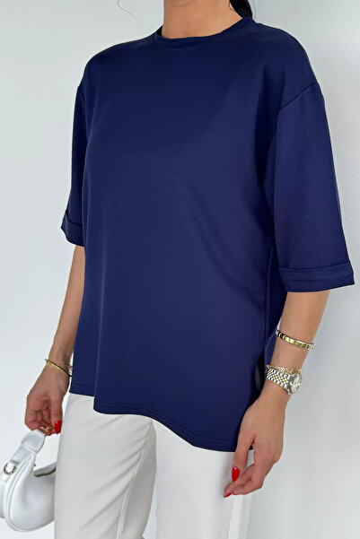 Aryena Navy Blue Gülseli Sleeve Folded Slit T-Shirt