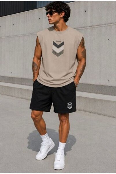 ALCİNOUS Men's Printed Sleeveless Sports T-Shirt Black Combed Cotton Shorts 2...