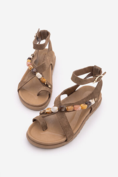 Marjin Women's Genuine Leather Ankle Strap Flip-Flop Sandals with Stones, Mon...
