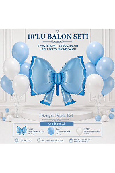 Dizayn Parti Evi Mavi Fiyonk Folyo Balon Seti 11 Parça – 1 Adet Mavi Fiyonk F...