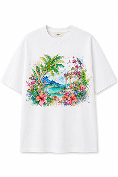 Jose Clothing تي شيرت أبيض مطبوع بأكمام قصيرة وقصة واسعة مرسومة يدويًا