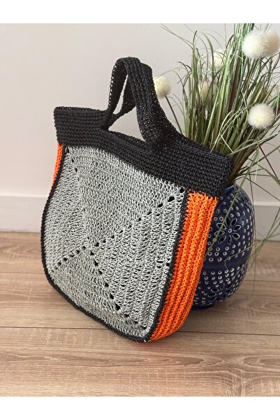dyhandmade El Örgüsü Gri Siyah Turuncu Hasır Görünümlü Günlük Plaj ve Yaz Çan...