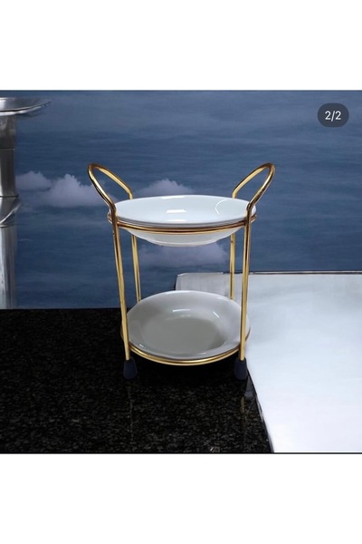 BasaranAvm 2-Tier Ceramic Presentation Bowl with Gold Metal Stand 17cm Candy Bowl Sauce Bowl Turkish Delight Bowl
