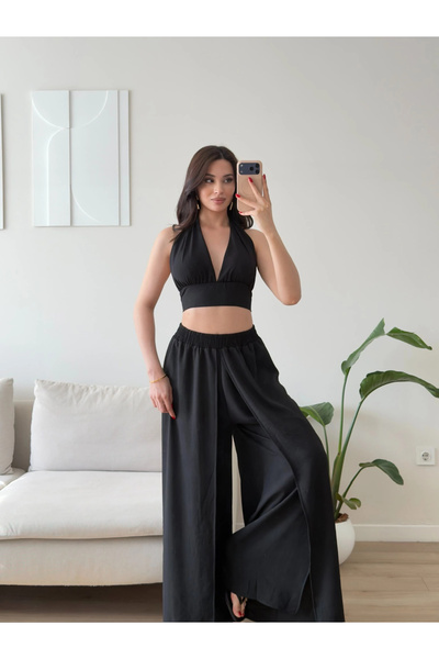 Zoom Butik Halter Crop Palazzo Takım - SİYAH