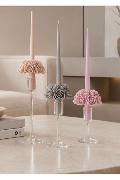 SCA CANDLE Dekoratif mum Şamdanlık Çiçek Desenli 3 Lü Set