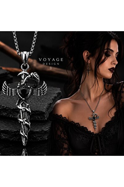 voyageaccessory Paslanmaz Çelik Siyah Zirkon Taşlı Yılan Kanat Detaylı Gotik ...