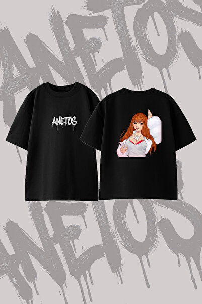 Anetos Anime Women's Kurk Design Printed Oversize Crew Neck T-Shirt Black