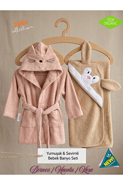 zera collection %100 Organik Pamuk Nakışlı Bebek Bornoz Havlu Kese Seti - 3'l...