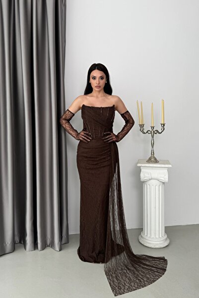 Serica Moda Kahverengi Straplez Dantel Eldivenli Drapeli Bordo Uzun Abiye Elbise