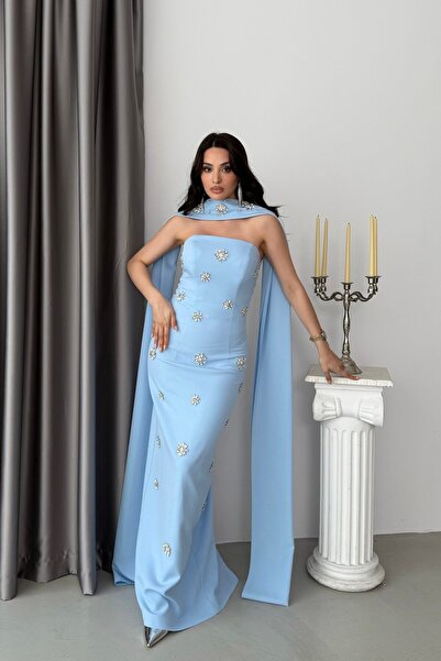 Serica Moda Bebe Mavi Straplez Çiçek Taş İşlemeli Şal Detaylı Uzun Abiye Elbise
