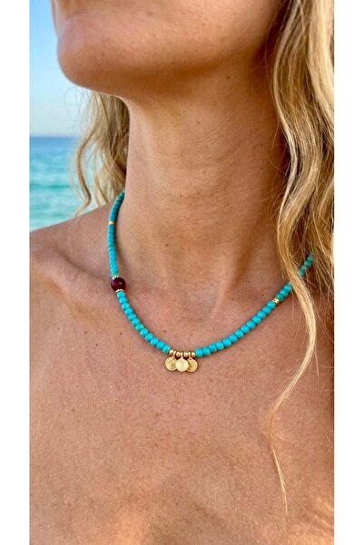 ILSA Natural Stone Necklace with Turquoise Beads, Carnelian & Spiral Charm