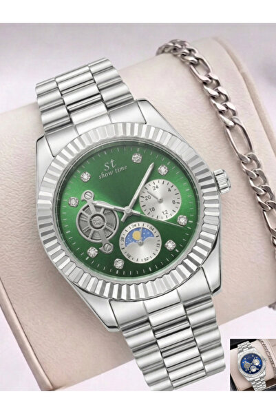 Feronnucci Men's Wristwatch Steel Band Green Dial Bracelet Gift Stylish Combi...