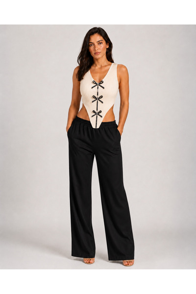 Kureyzibies Kadın Triko Crop Bluz Gold Broş Hediyeli Kolsuz Fitilli Askılı Üs...