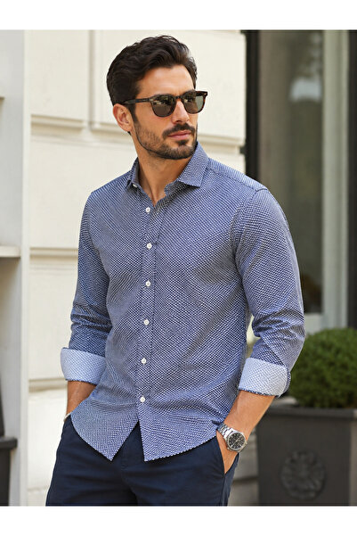 Chordi Men's Regular Fit Regular Collar Long Sleeve Dotted Cotton Shirt