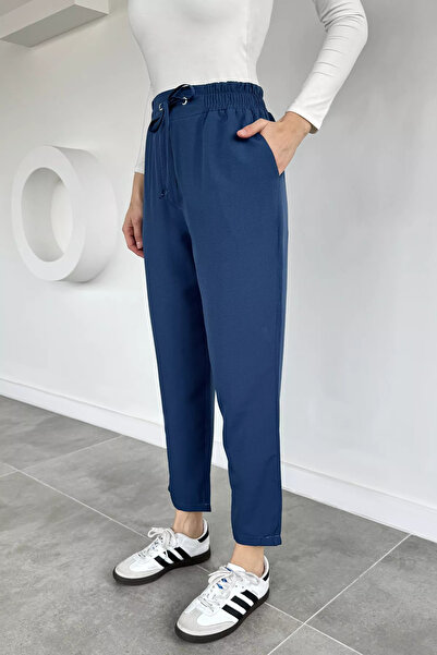 Aryena Navy Blue Women's Elastic Waist Trousers