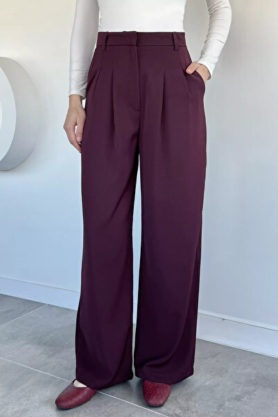 Aryena Burgundy Women's Pleated Wide Leg Pants