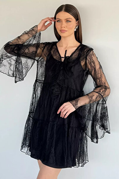 Aryena Black Women's Wearable Lined Ruffled and Tulle Lycra Dress