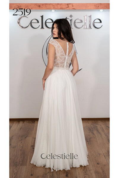 Celestielle Rochie de mireasă A‑line din mătase, fără mâneci, cu dantelă florală și paiete