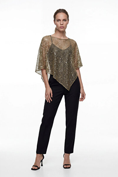 cemo Women's Sequined Mesh Asymmetrical Poncho Blouse