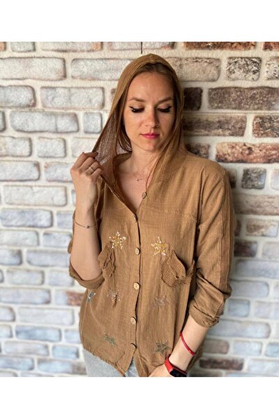 AGORATEKSTİL Women's Hooded Long Sleeve Cotton Shirt with Star and Mesh Pocke...
