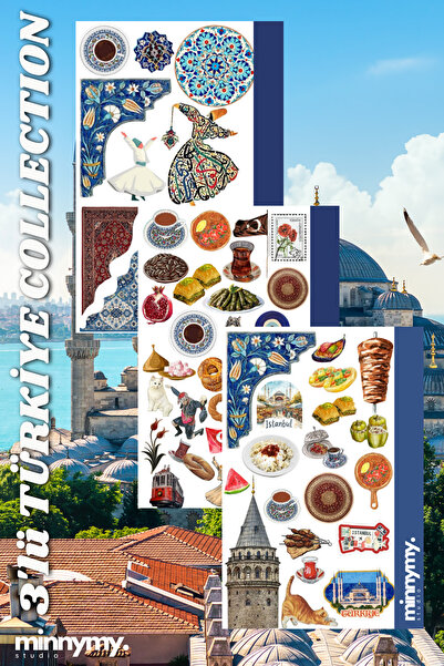 Minnymy 3'lü Türkiye Turkish Collection Sticker, Çıkartma, Ajanda, Günlük, Pl...
