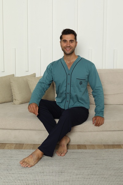 KAPİTEX Long Sleeve Six Long Length Buttons with Pockets Green Color Men's Pa...