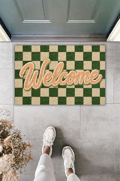 Dormot Dekoratif Dijital Baskılı Yeşil Welcome Kapı Önü Paspası | Retro Dama ...
