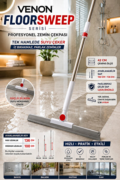 VENON FloorSweep 42 cm Profesyonel Zemin Çekpası | 100-136 cm Ayarlanabilir P...