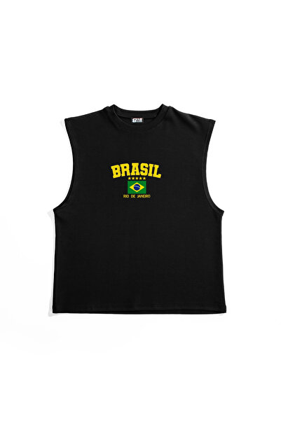 Sekizbiraltı Brazil Printed Black Zero Sleeve T-Shirt