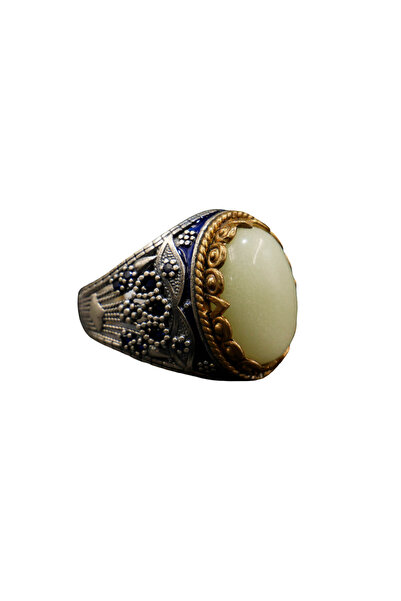 Generic 925 Sterling Silver Energy Stone Ring 13g Oval Green Stone with Gold-...