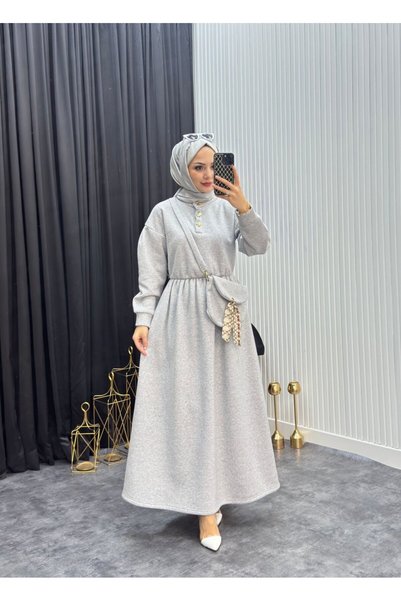 YAĞMUR MODA GİYİM Çantalı Elbise Gri