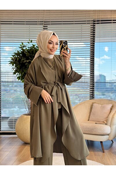 ALANURMODA 3429 بدلة طويلة بحزام ثلاثية القطع باللون الكاكي