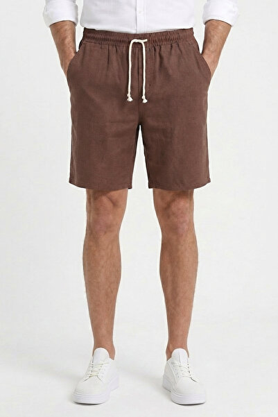 Sizce Men's Brown Muslin Linen Shorts 100% Cotton Full Fit with Back Pockets